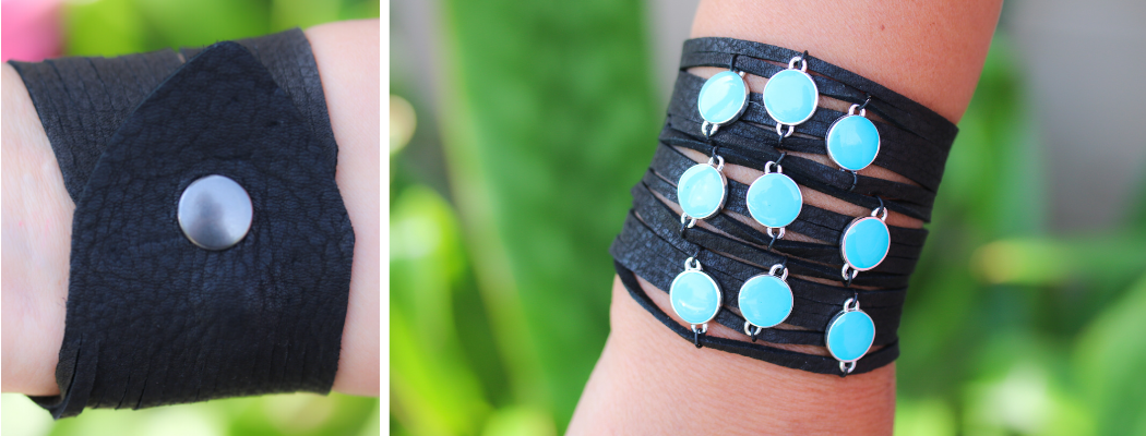 Turquoise and Black Leather Cuff