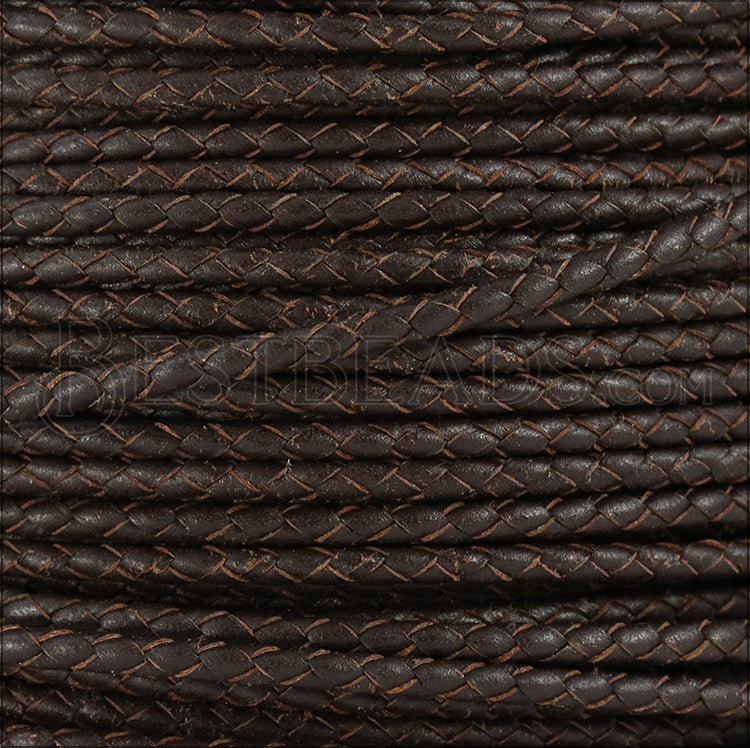 2.5mm round BRAIDED Euro leather DARK BROWN - meter