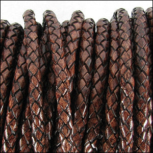 3mm round BRAIDED Euro leather DISTRESSED BROWN - meter