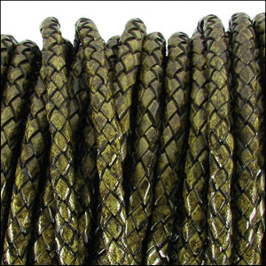 3mm round BRAIDED Euro leather DISTRESSED GREEN - meter