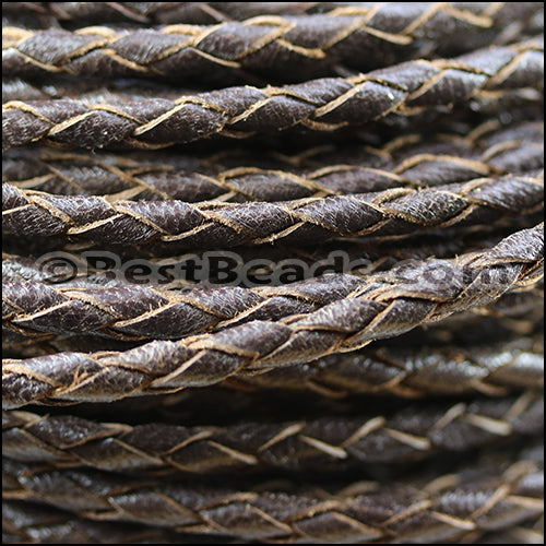 4mm round AMERICAN BRAIDED leather BROWN - 3ft STRIP