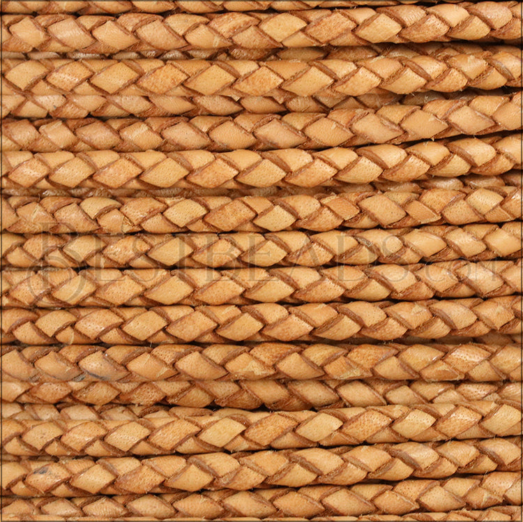 4mm round BRAIDED Euro leather NATURAL - meter