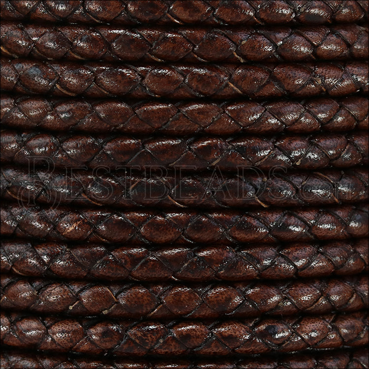 5mm round BRAIDED Euro leather DISTRESSED BROWN - meter