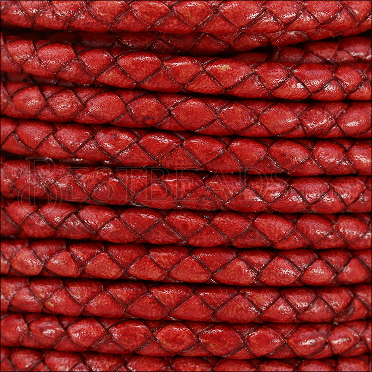 5mm round BRAIDED Euro leather DISTRESSED RED - meter