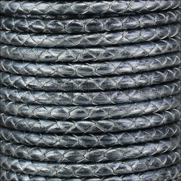 5mm round BRAIDED Euro leather METALLIC SILVER/BLACK - meter
