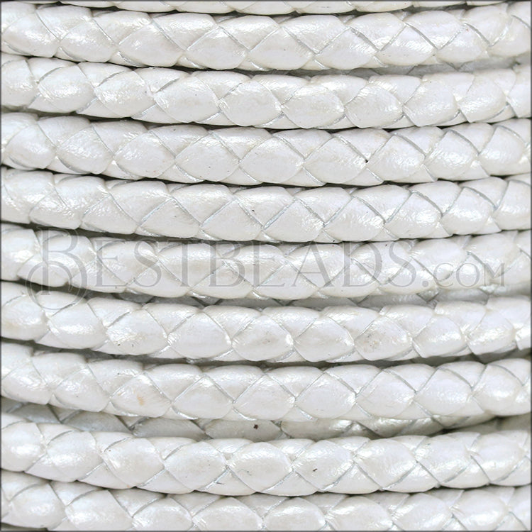 5mm round BRAIDED Euro leather METALLIC WHITE - meter