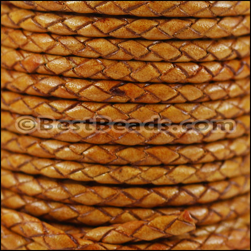 3mm Round Indian Braided Leather NATURAL TAN - 10m SPOOL