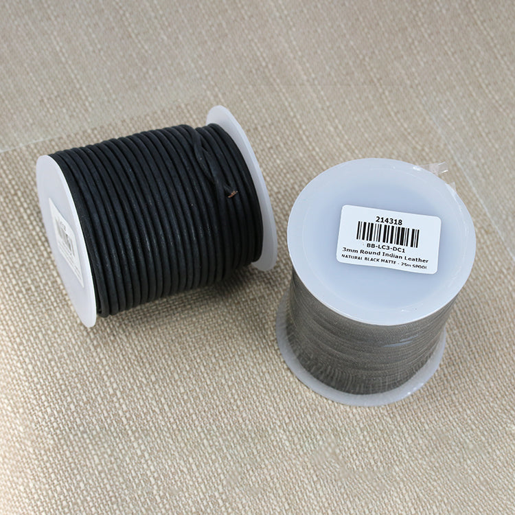 3mm round Indian leather - natural matte black - 25m SPOOL