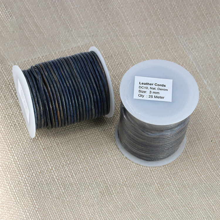 3mm round Indian leather - natural denim - 25m SPOOL