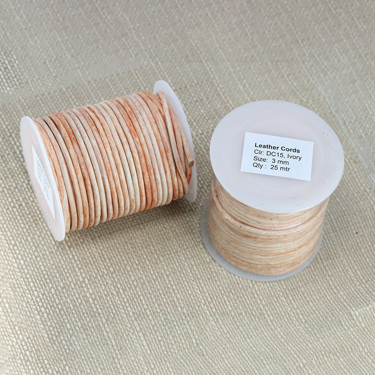 3mm round Indian leather - weathered IVORY - 25m SPOOL