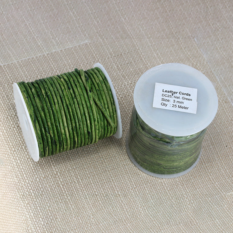 3mm round Indian leather - NATURAL GREEN - 25m SPOOL