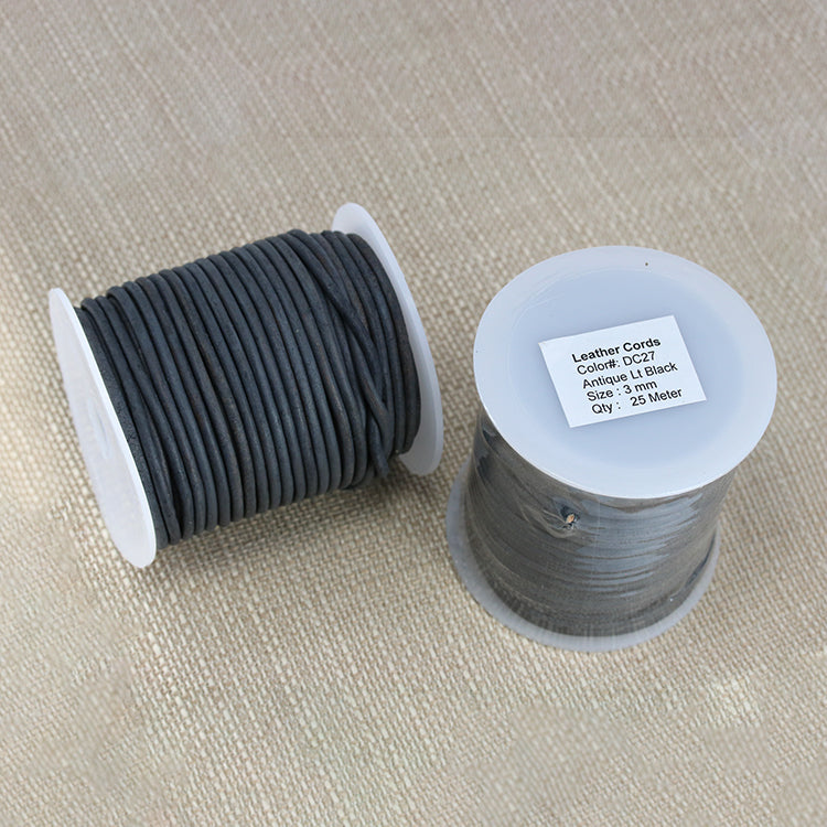 3mm round Indian leather - ANTIQUE LT BLACK - 25m SPOOL