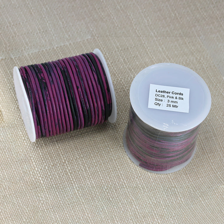 3mm round Indian leather - PINK & BLACK - 25m SPOOL