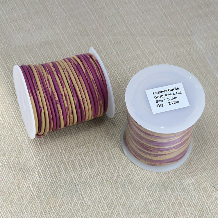 3mm round Indian leather - PINK & NATURAL - 25m SPOOL