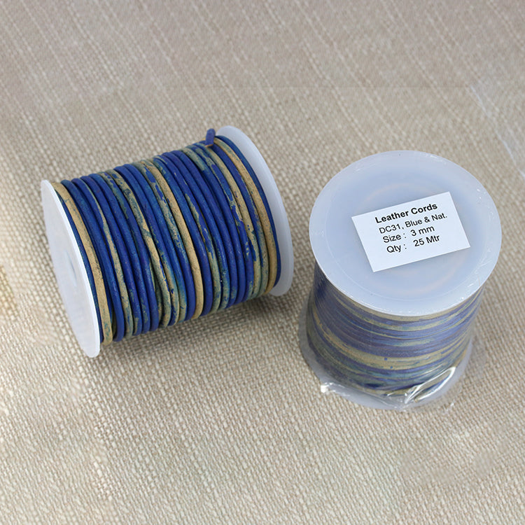 3mm round Indian leather - BLUE & NATURAL - 25m SPOOL
