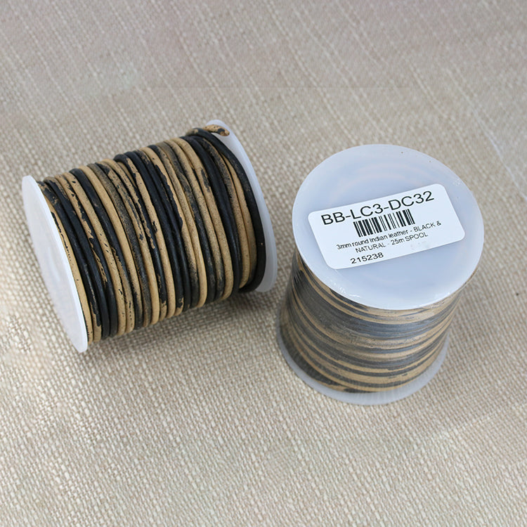 3mm round Indian leather - BLACK & NATURAL - 25m SPOOL