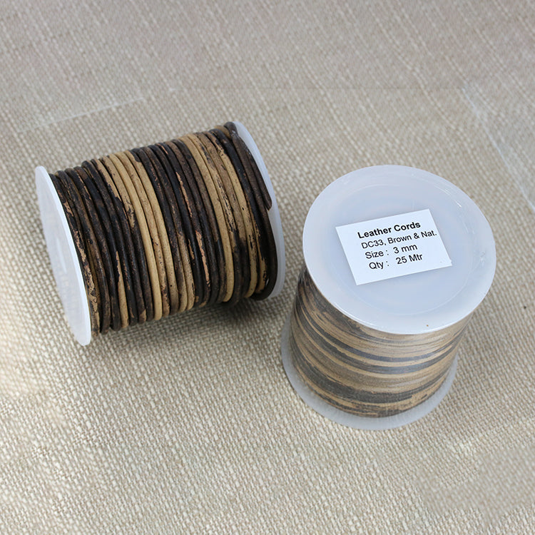 3mm round Indian leather - BROWN & NATURAL - 25m SPOOL