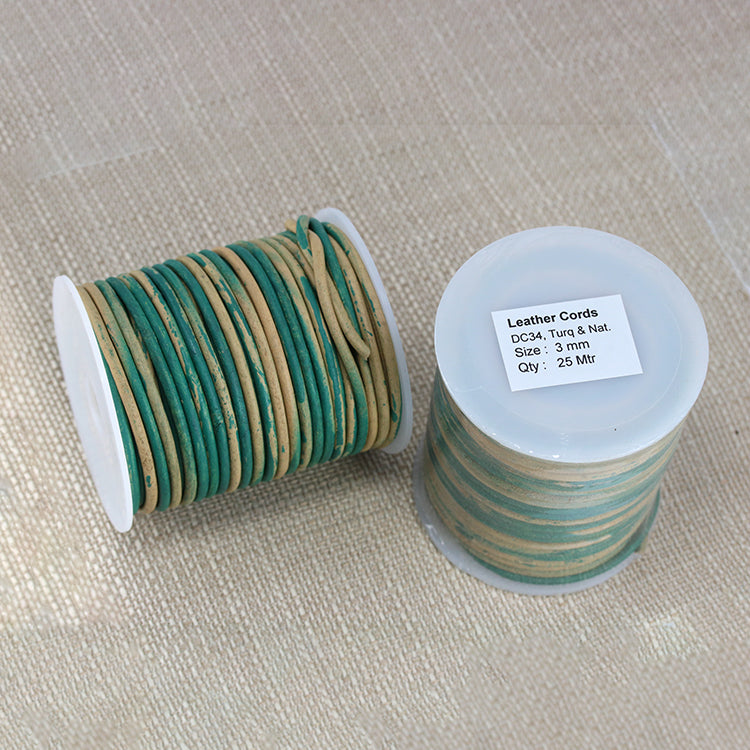 3mm round Indian leather - TURQUOISE & NATURAL - 25m SPOOL