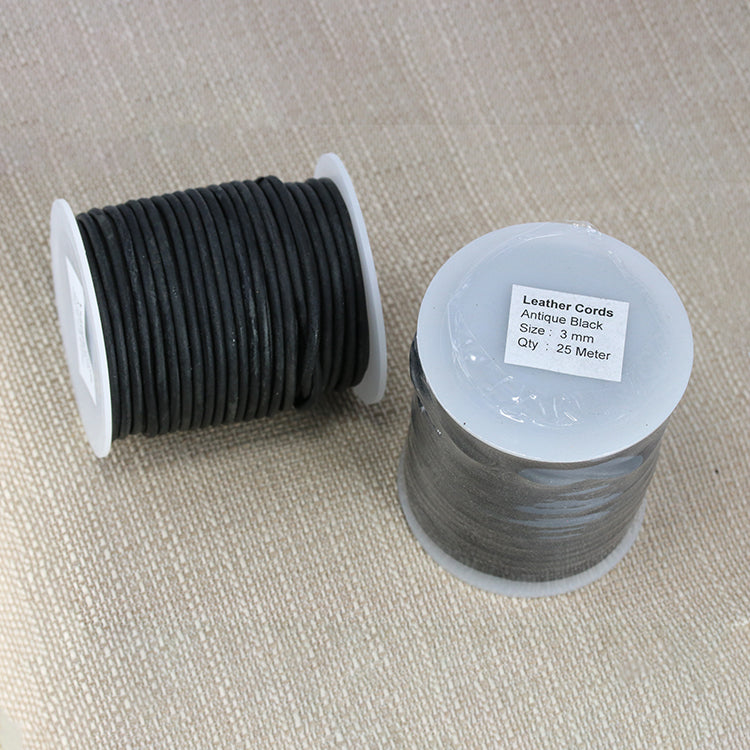 3mm round Indian leather - ANTIQUE black - 25m SPOOL