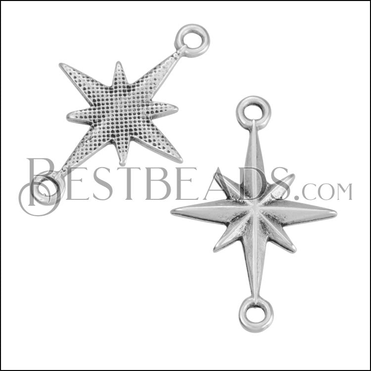 Compass Star Connector Charm ANT SILVER - 10 pcs