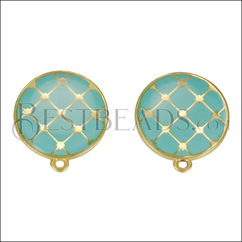 Round Tile Earring Post GOLD EPOXY - Aqua - 10 pcs