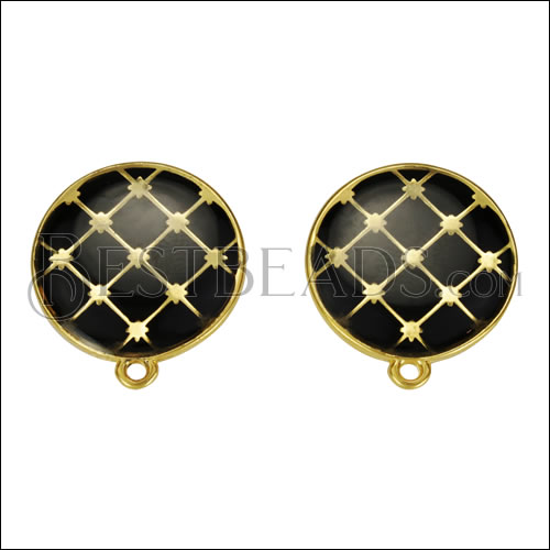 Round Tile Earring Post GOLD EPOXY - Black - 10 pcs