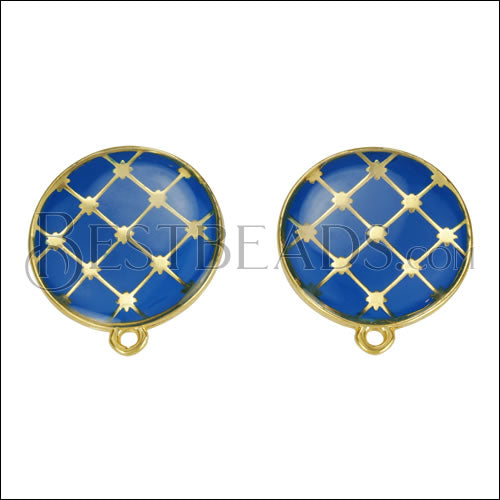 Round Tile Earring Post GOLD EPOXY - Blue - 10 pcs