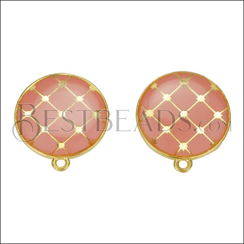 Round Tile Earring Post GOLD EPOXY - Coral - 10 pcs