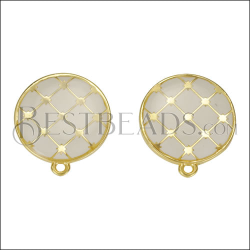 Round Tile Earring Post GOLD EPOXY - White - 10 pcs