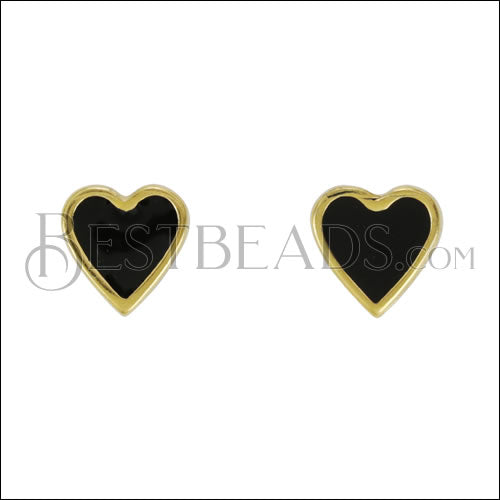 Heart Earring Post GOLD EPOXY - Black - 10 pcs