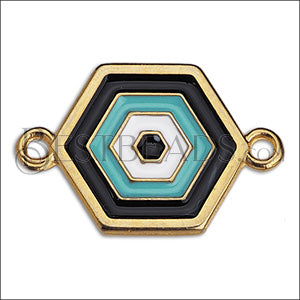 Hexagon Connector Charm GOLD EPOXY - Black and Aqua - 5 pcs