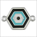 Hexagon Connector Charm SILVER EPOXY - Black and Aqua - 5 pcs