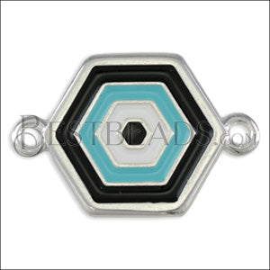 Hexagon Connector Charm SILVER EPOXY - Black and Aqua - 5 pcs