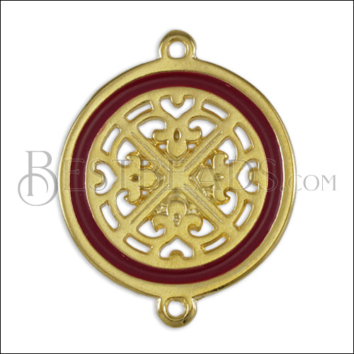 Ornate Filigree Disc connector charm GOLD EPOXY - Burgundy - 5 pcs