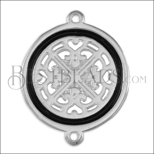 Ornate Filigree Disc connector charm SILVER EPOXY - Black - 5 pcs
