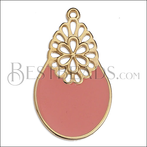 Oval Filigree pendant GOLD EPOXY - Coral - 5 pcs