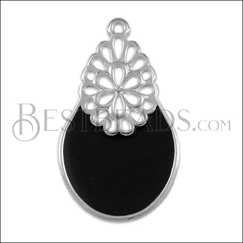 Oval Filigree pendant SILVER EPOXY - Black - 5 pcs