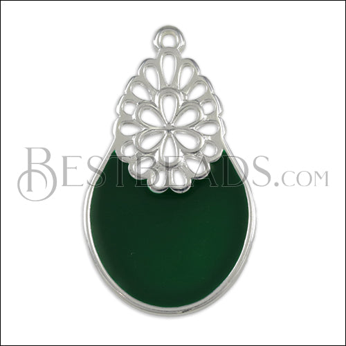 Oval Filigree pendant SILVER EPOXY - Emerald - 5 pcs