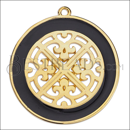 Ornate Filigree Disc pendant GOLD EPOXY - Black - 2 pcs