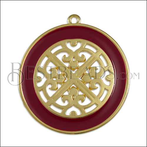 Ornate Filigree Disc pendant GOLD EPOXY - Burgundy - 2 pcs