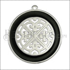 Ornate Filigree Disc pendant SILVER EPOXY - Black - 2 pcs