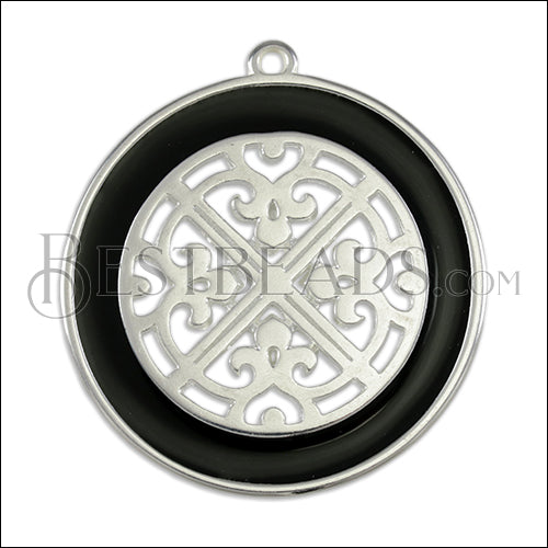 Ornate Filigree Disc pendant SILVER EPOXY - Black - 2 pcs