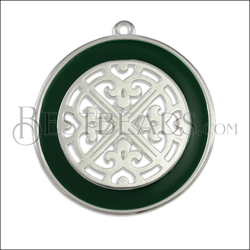 Ornate Filigree Disc pendant SILVER EPOXY - Emerald - 2 pcs