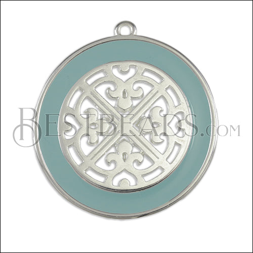 Ornate Filigree Disc pendant SILVER EPOXY - Pale Jade - 2 pcs