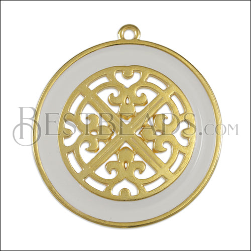 Ornate Filigree Disc pendant GOLD EPOXY - White - 2 pcs