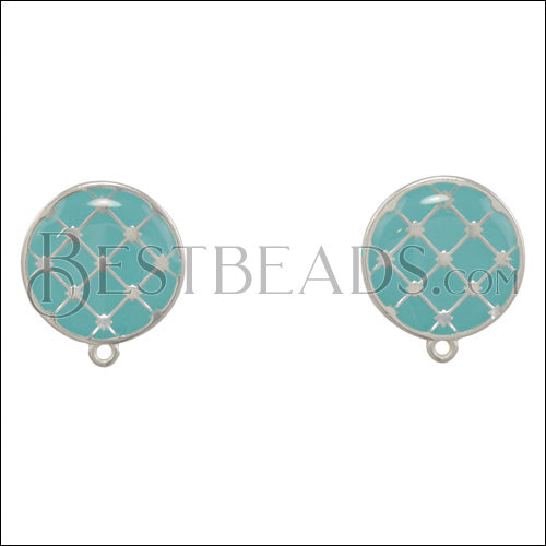 Round Tile Earring Post SILVER EPOXY - Aqua - 10 pcs
