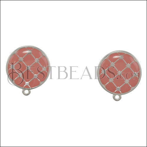 Round Tile Earring Post SILVER EPOXY - Coral - 10 pcs