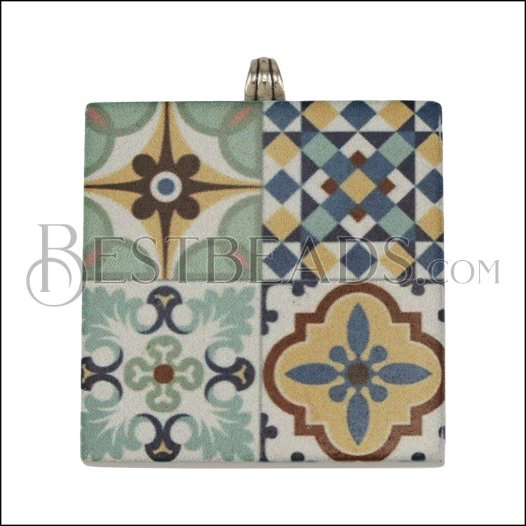 40mm BLUE MULTI TILE Printed Pendant - 2 pcs