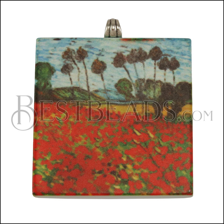 40mm POPPIES Printed Pendant - 2 pcs