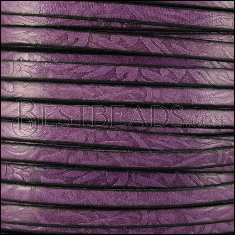 5mm flat IMPRINTED FLORAL leather PURPLE - meter